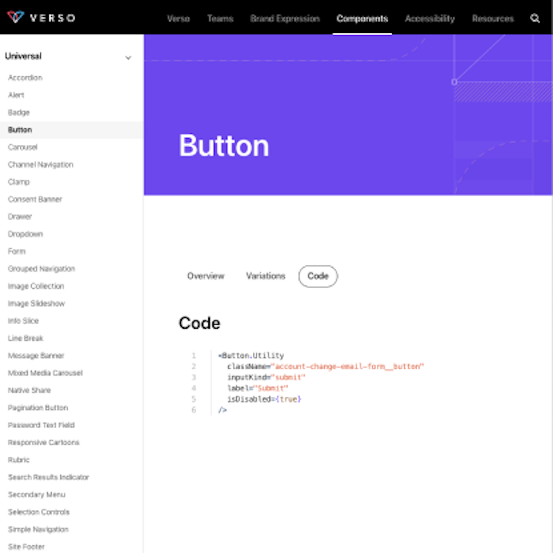 a screenshot of button component code implementation from the Verso storefront site